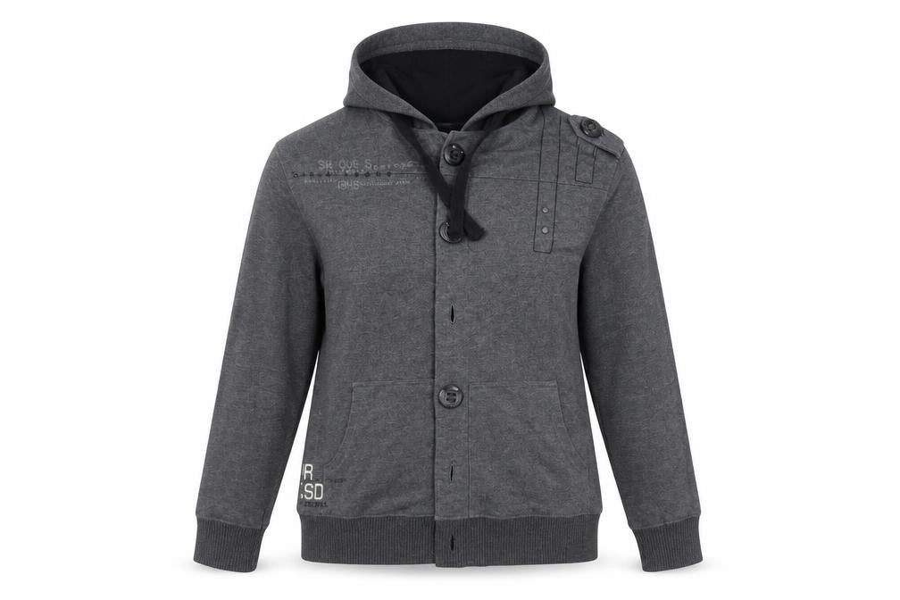 Front view of RVR ISD women’s grey polyester cardigan hoodie, size M
