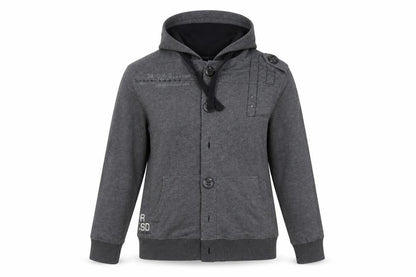 Front view of RVR ISD women’s grey polyester cardigan hoodie, size M