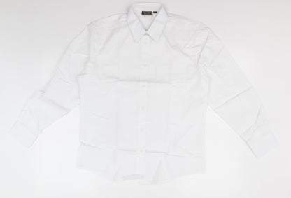 Front view of Sheldon boys’ white basic button-up collared