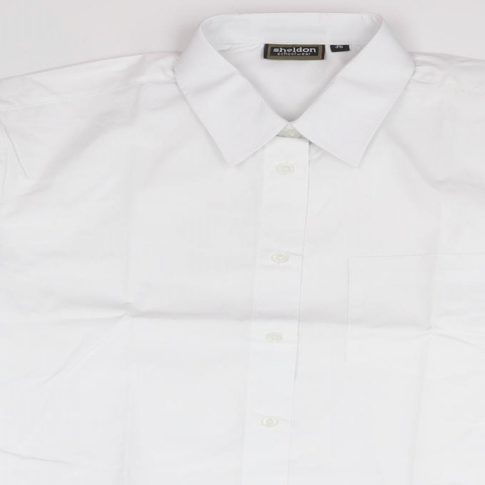 Close-up detail of Sheldon boys’ white basic button-up collared