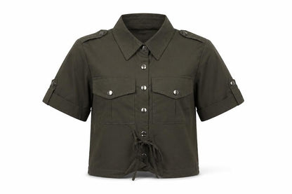 RISING Womens Green  Polyester Basic Button-Up Size S Collared