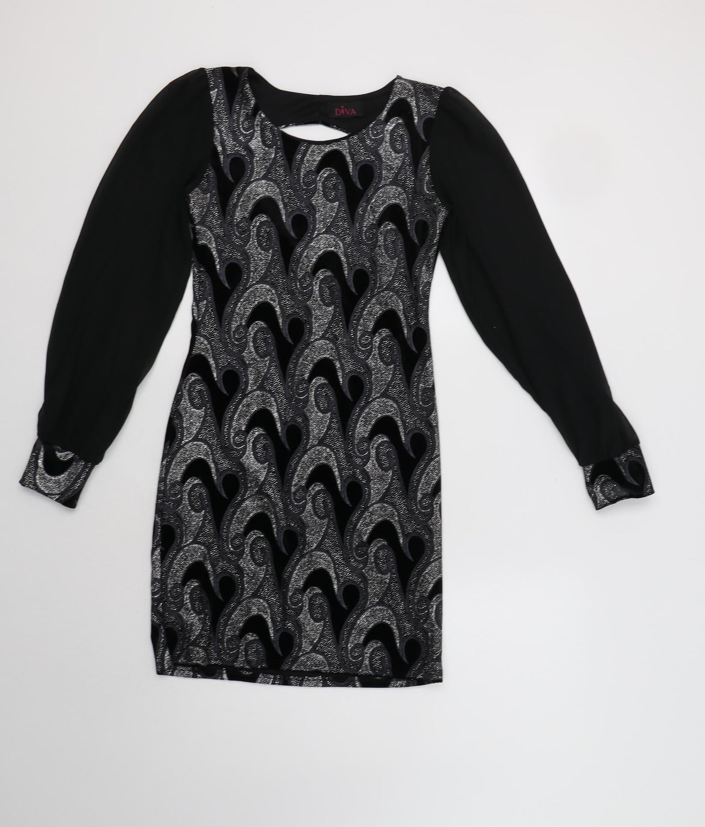 Diva Womens Black Geometric Polyester Bodycon  Size 8  Round Neck