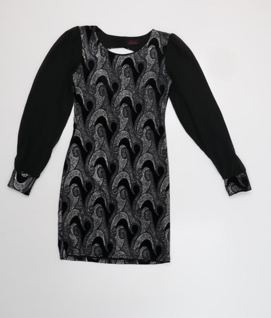 Diva Womens Black Geometric Polyester Bodycon  Size 8  Round Neck