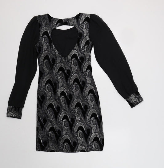 Diva Womens Black Geometric Polyester Bodycon  Size 8  Round Neck