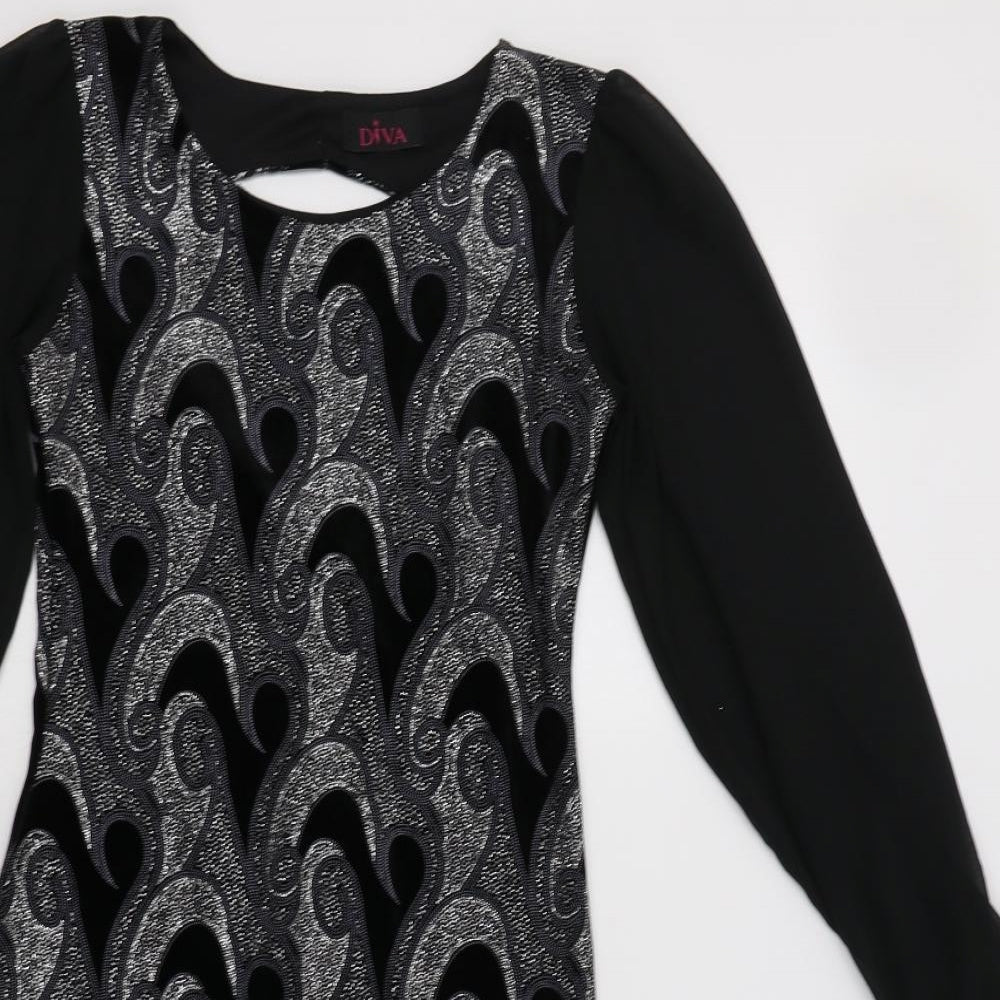 Diva Womens Black Geometric Polyester Bodycon  Size 8  Round Neck