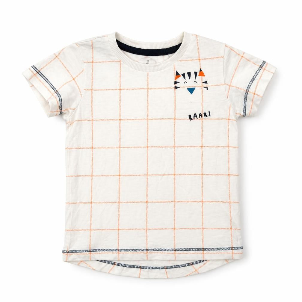 Front view of Next Baby White Check Cotton Basic T-Shirt, size 3-6, Months Crew Neck