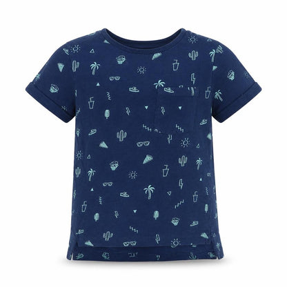 Front view of George boys’ blue geometric cotton basic t-shirt, size 4-5, years crew neck