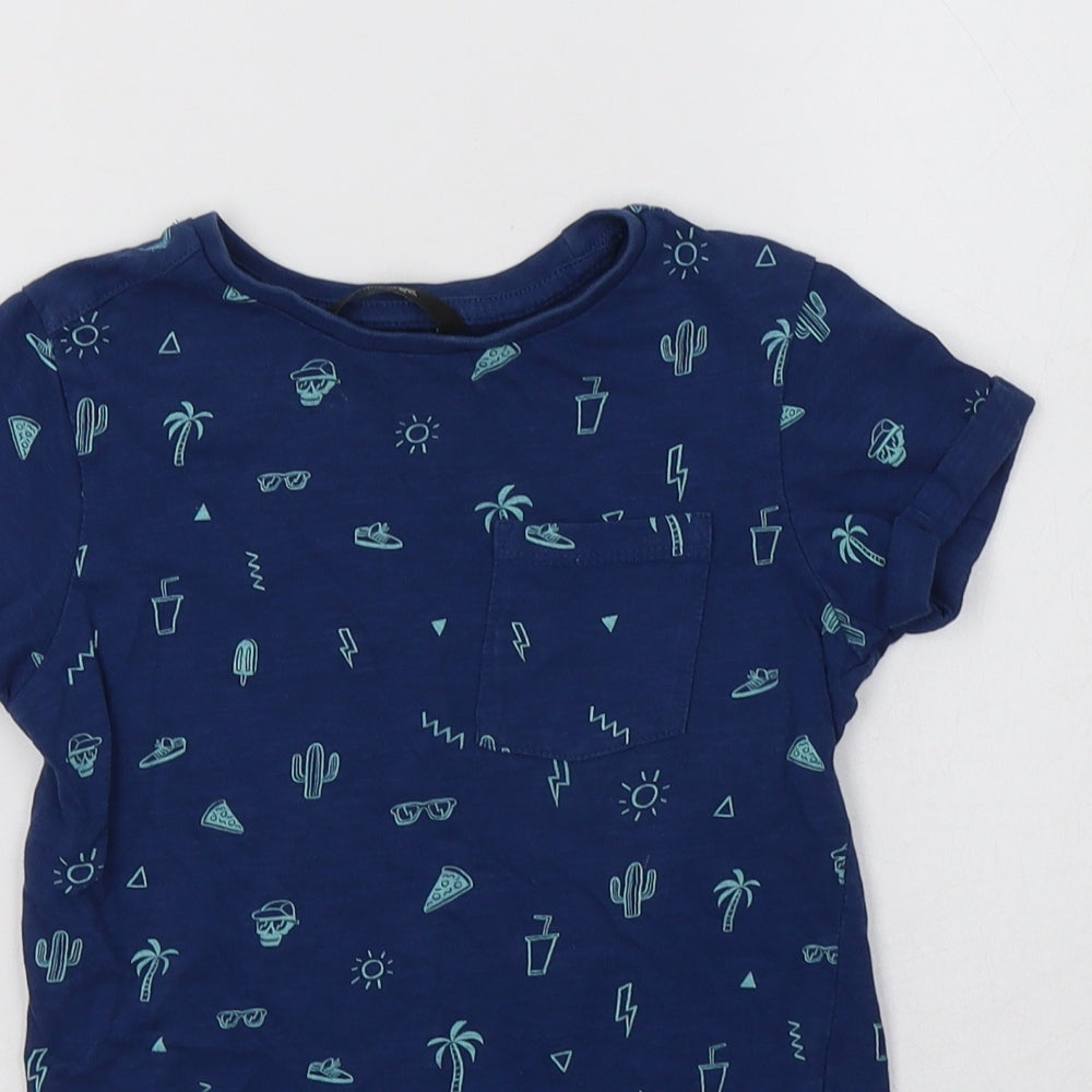 George Boys Blue Geometric Cotton Basic T-Shirt Size 4-5 Years Crew Neck