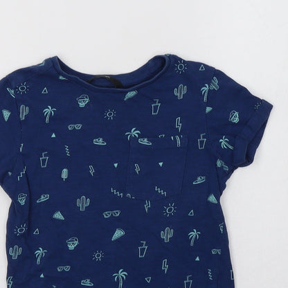 George Boys Blue Geometric Cotton Basic T-Shirt Size 4-5 Years Crew Neck