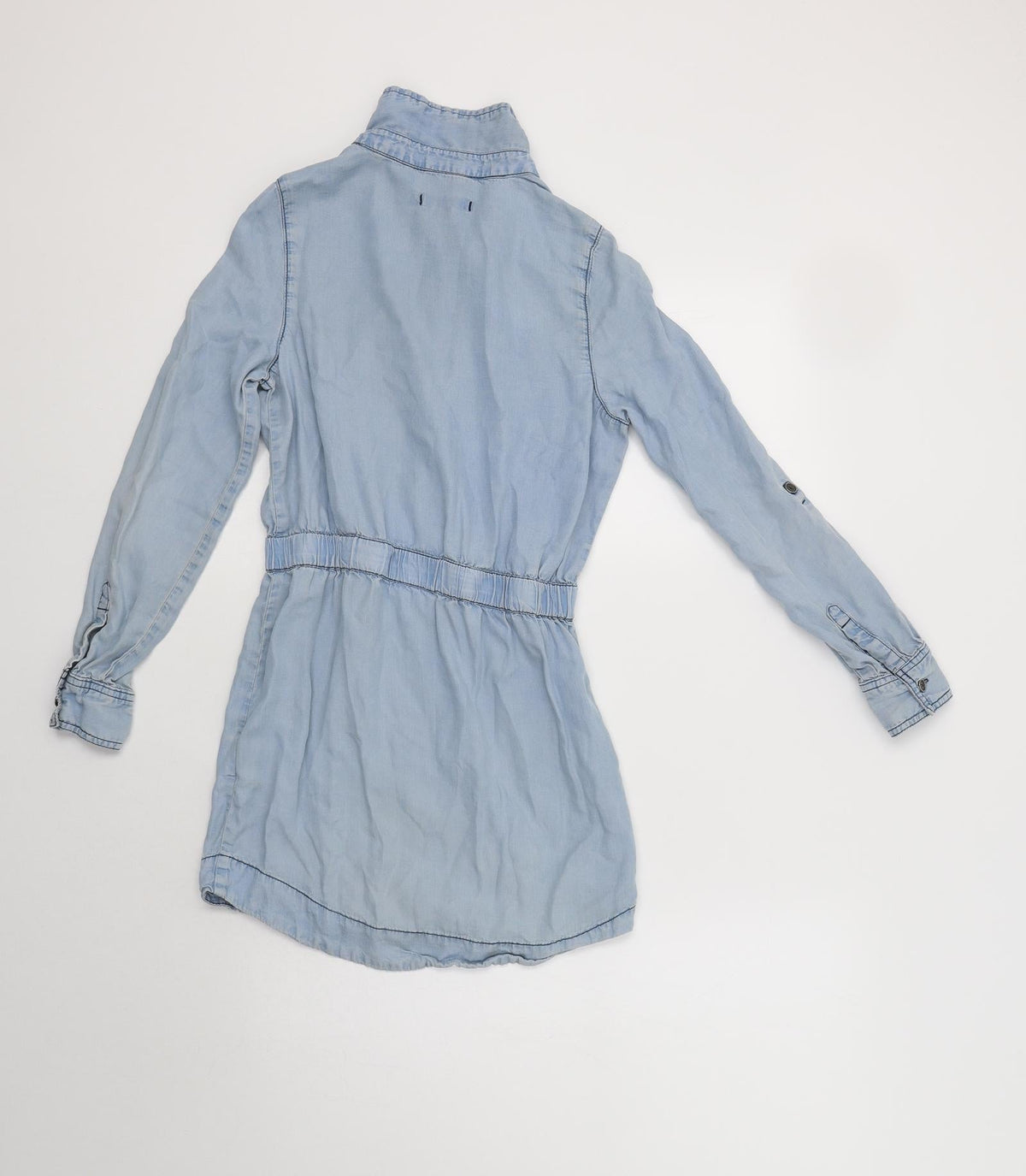 Back view of Tractor women’s blue lyocell basic button-up, size S, collared