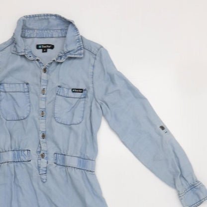Close-up detail of Tractor women’s blue lyocell basic button-up, size S, collared