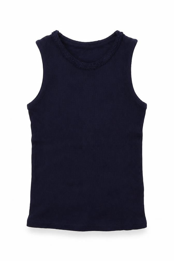 Front view of George girls’ blue cotton basic tank, size 7-8, years crew neck