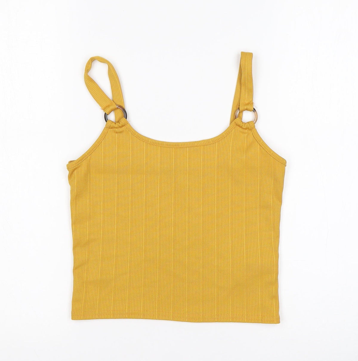 Front view of New Look girls’ yellow polyester basic tank, size 12-13, years round neck