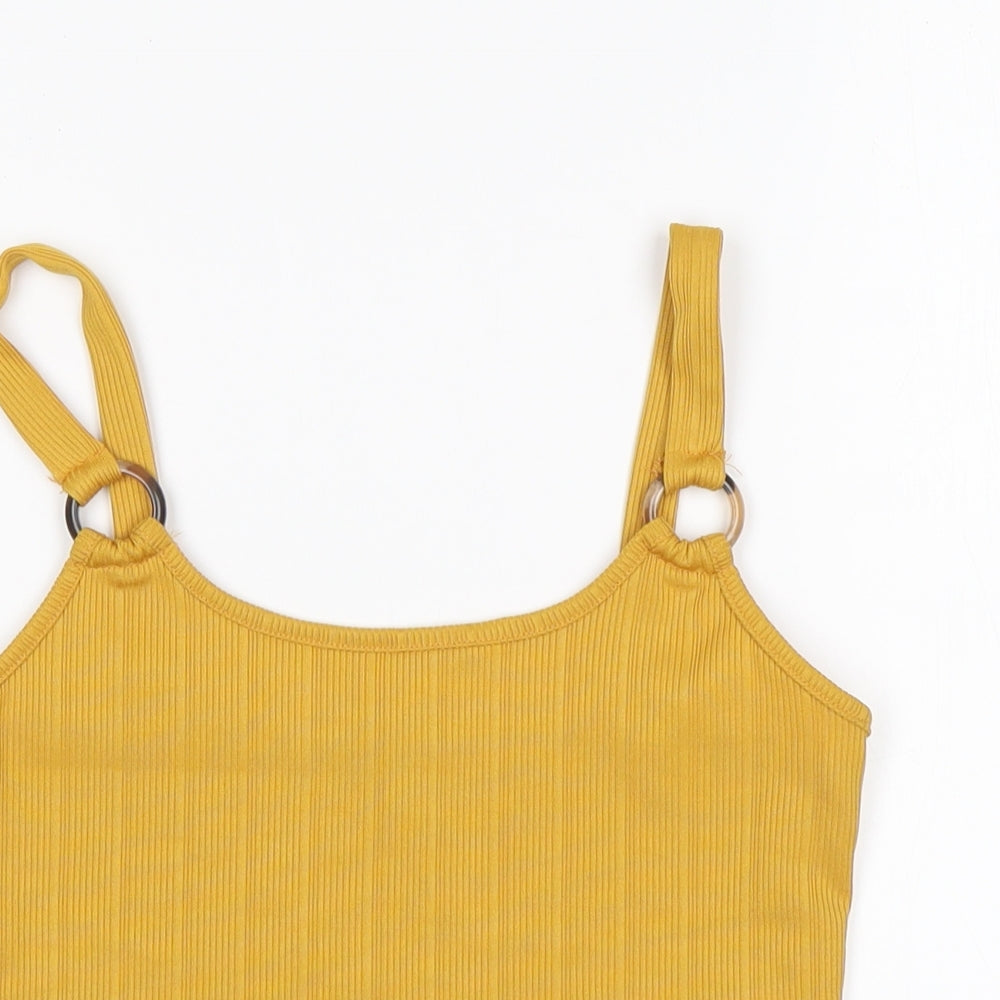 Close-up detail of New Look girls’ yellow polyester basic tank, size 12-13, years round neck