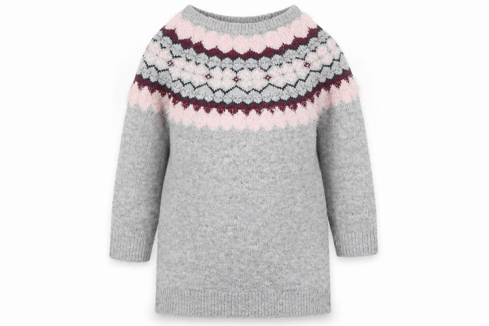 Front view of Primark girls’ multicoloured round neck argyle/diamond acrylic jumper, size 5-6, years
