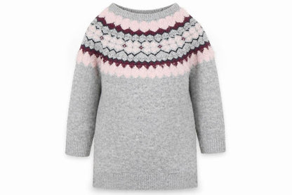 Front view of Primark girls’ multicoloured round neck argyle/diamond acrylic jumper, size 5-6, years