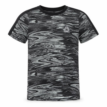 Front view of Nutmeg boys’ grey geometric cotton basic t-shirt, size 9-10, years roll neck
