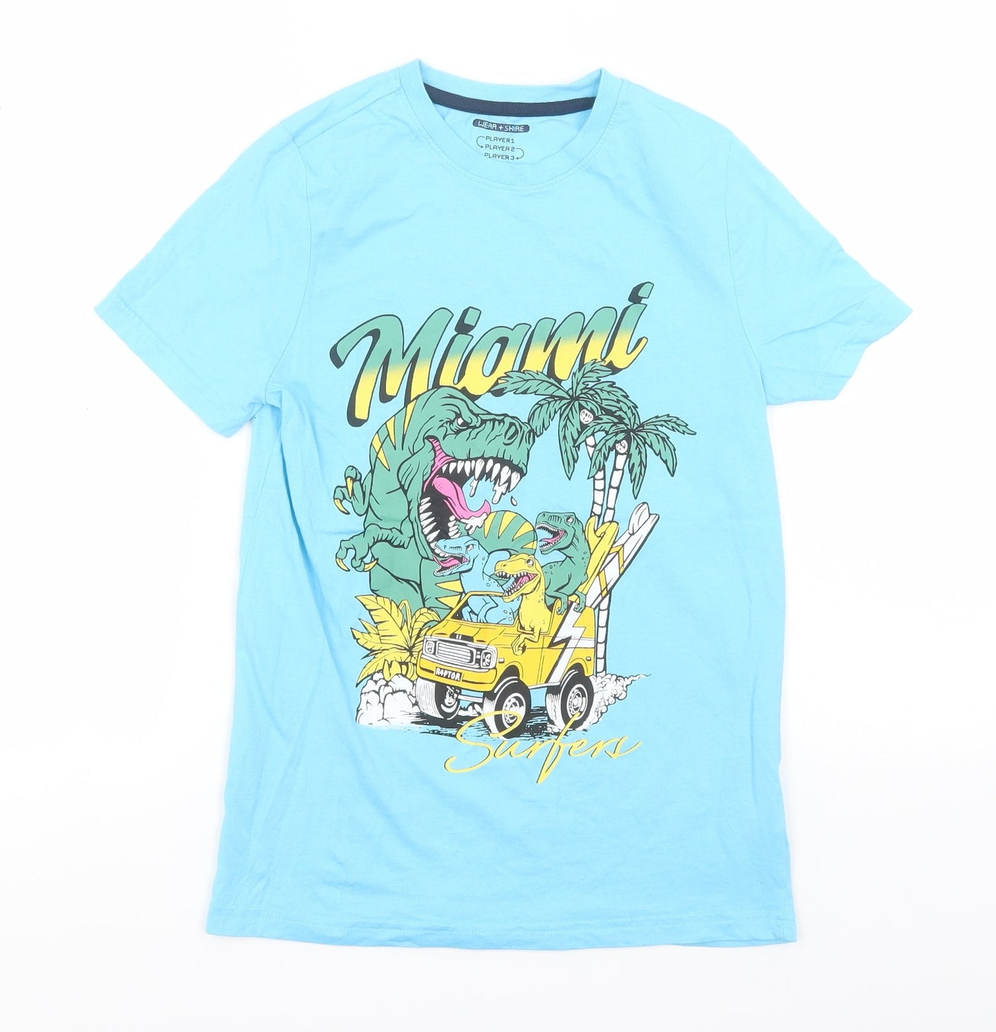 F&F Boys Blue  Cotton Basic T-Shirt Size 10-11 Years Round Neck  - Miami, Dinosaurs