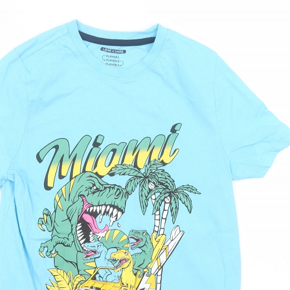 F&F Boys Blue  Cotton Basic T-Shirt Size 10-11 Years Round Neck  - Miami, Dinosaurs