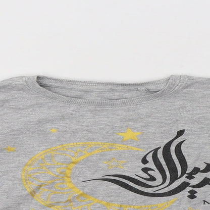 Close-up detail of Next girls’ grey cotton pullover sweatshirt, size 5, years - eid mubarak
