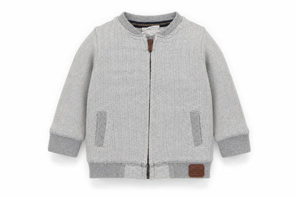 Front view of F&F boys’ grey herringbone jacket coatigan, size 3-6, months