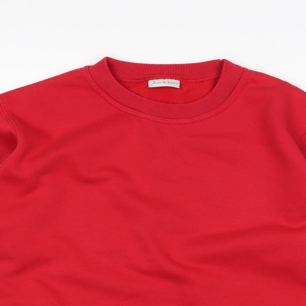Close-up detail of JOIE DE VIURE women’s red polyester pullover sweatshirt, size UK 10