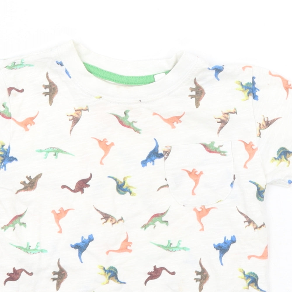 NEXT Girls White Animal Print Cotton Basic T-Shirt Size 9-12 Months Round Neck  - Dinosaurs