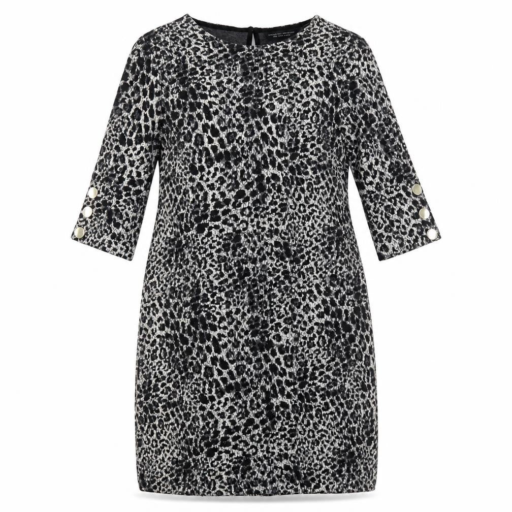 Front view of Dorothy Perkins women’s grey animal print polyester pencil dress, size UK 10, round neck