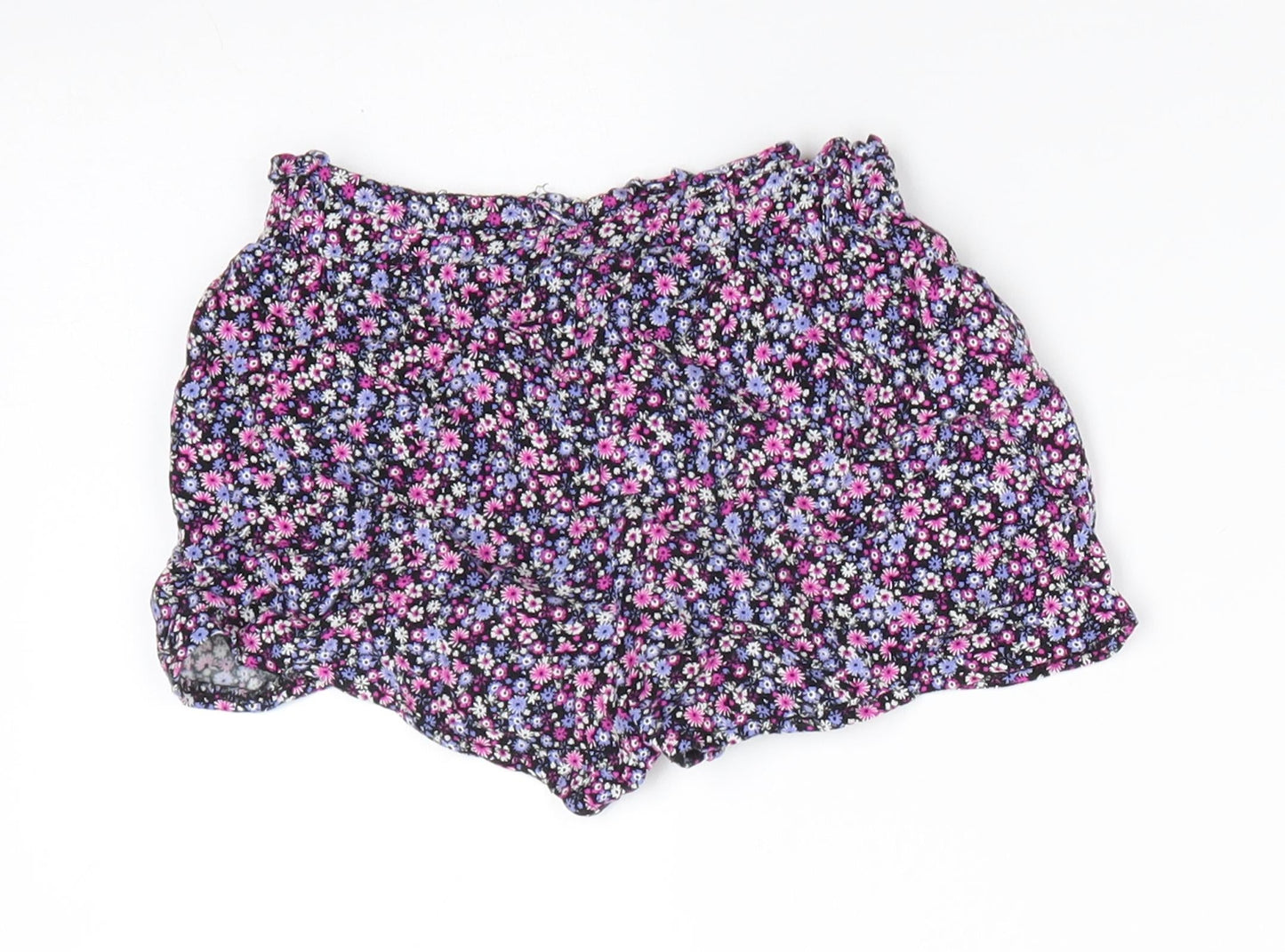 Primark Girls Black Floral Viscose Paperbag Shorts Size 2-3 Years  Regular Drawstring - Pink Purple White flowers