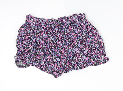 Primark Girls Black Floral Viscose Paperbag Shorts Size 2-3 Years  Regular Drawstring - Pink Purple White flowers