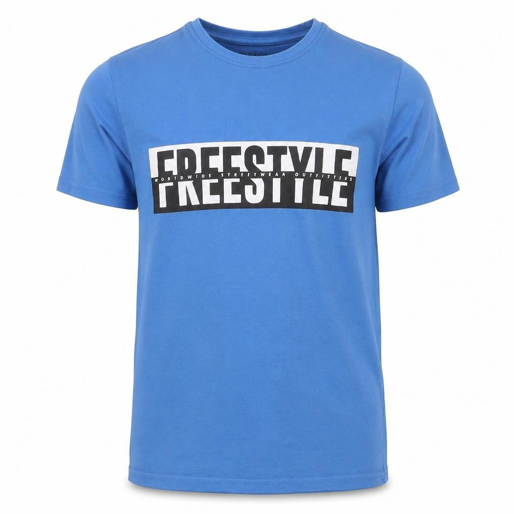 Front view of Primark boys’ blue cotton basic t-shirt, size 9-10, years round neck pullover - sky blue freestyle