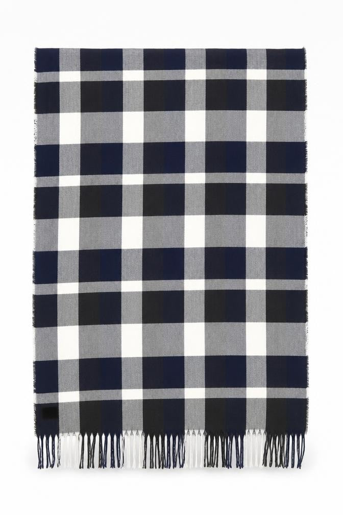 Front view of Plush women’s blue check polyester shawl/wrap - blue black grey check