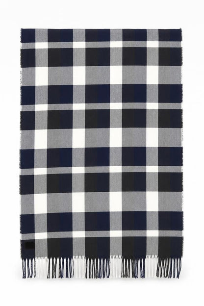 Front view of Plush women’s blue check polyester shawl/wrap - blue black grey check