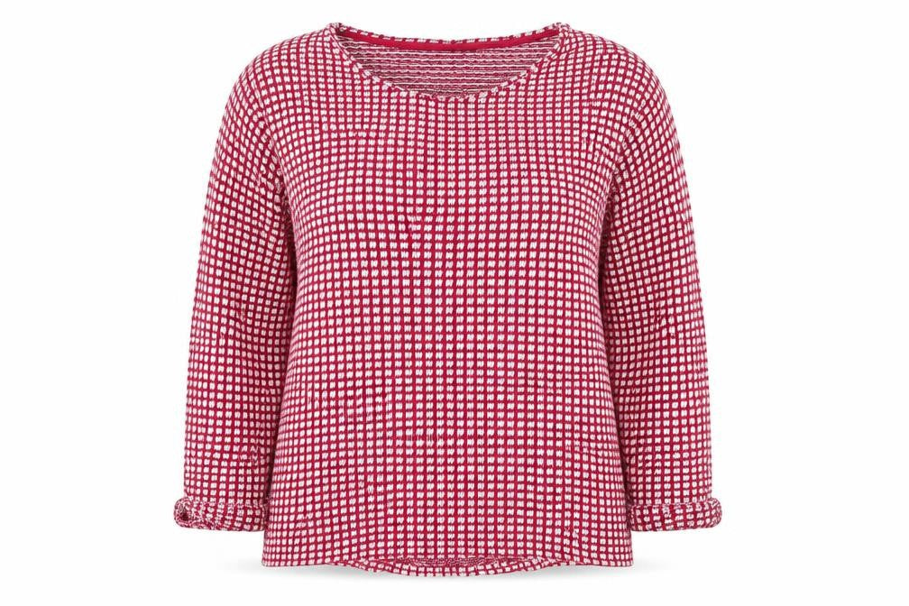Front view of Next women’s red crew neck polka dot cotton jumper, size UK 16, - square polka dots white