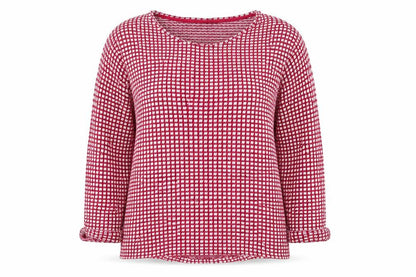 Front view of Next women’s red crew neck polka dot cotton jumper, size UK 16, - square polka dots white