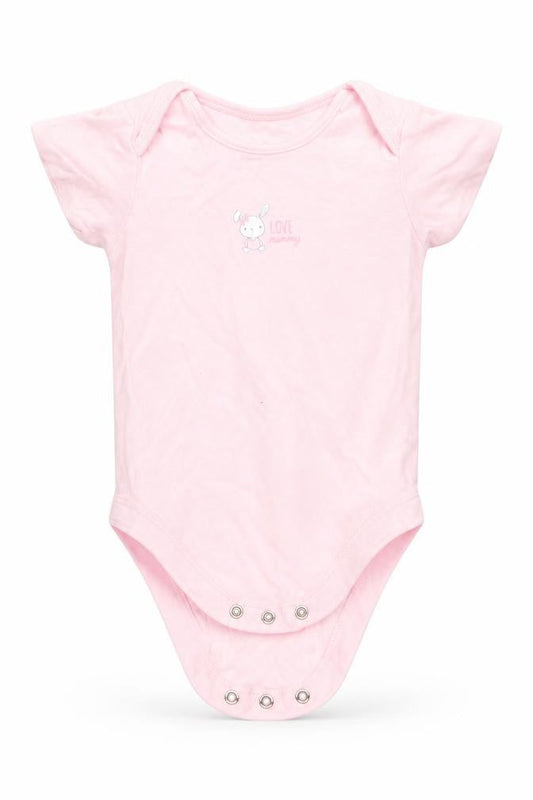 Front view of George girls’ pink animal print cotton romper one-piece, size 9-12, months snap - rabbit i love mummy pale pink