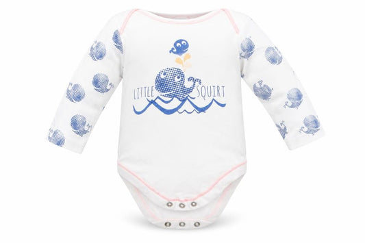 Front view of BlueZoo Baby White Animal Print Cotton Romper One-Piece, size 3-6, Months Snap - Blue Whale Print Little Squirt