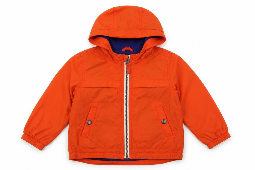 Front view of Gap boys’ orange rain coat jacket, size 2, years zip