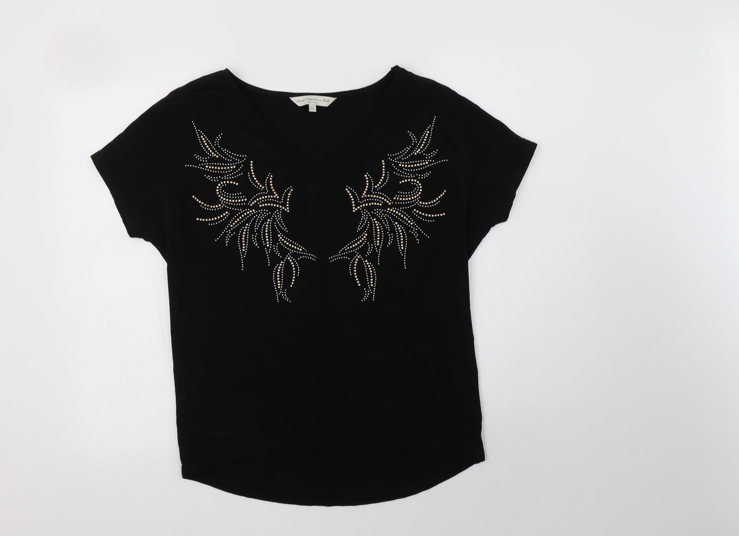 F&F Womens Black Geometric Polyester Basic Blouse Size 10 V-Neck