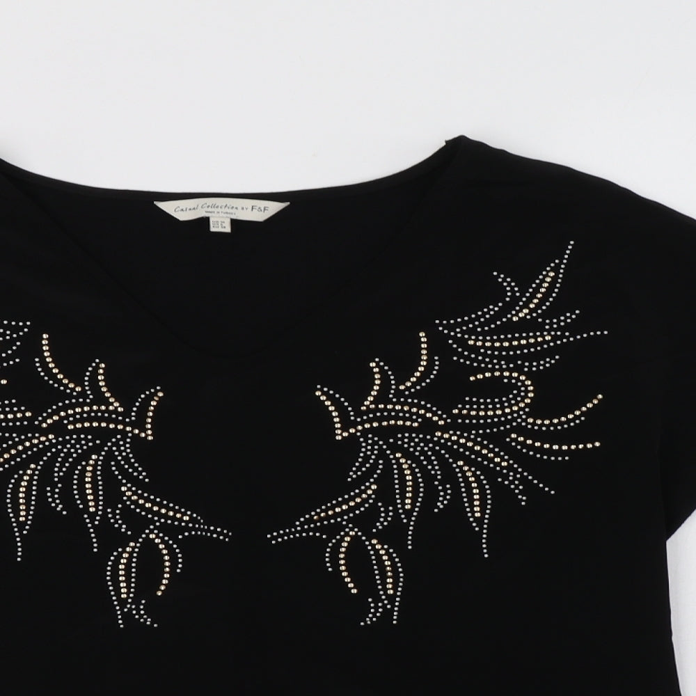 F&F Womens Black Geometric Polyester Basic Blouse Size 10 V-Neck