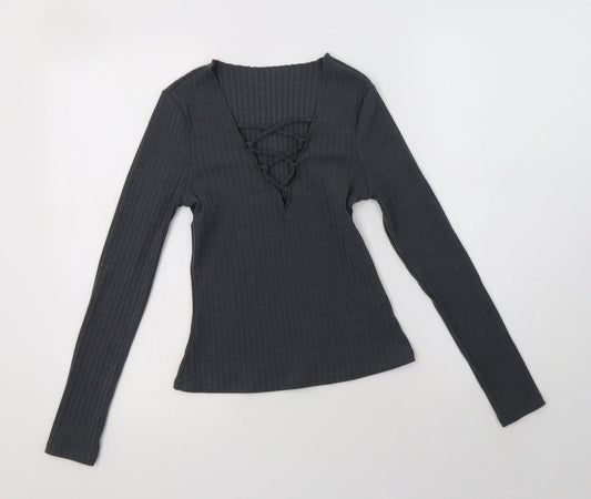 SheIn Womens Grey  Polyester Basic Blouse Size XS V-Neck