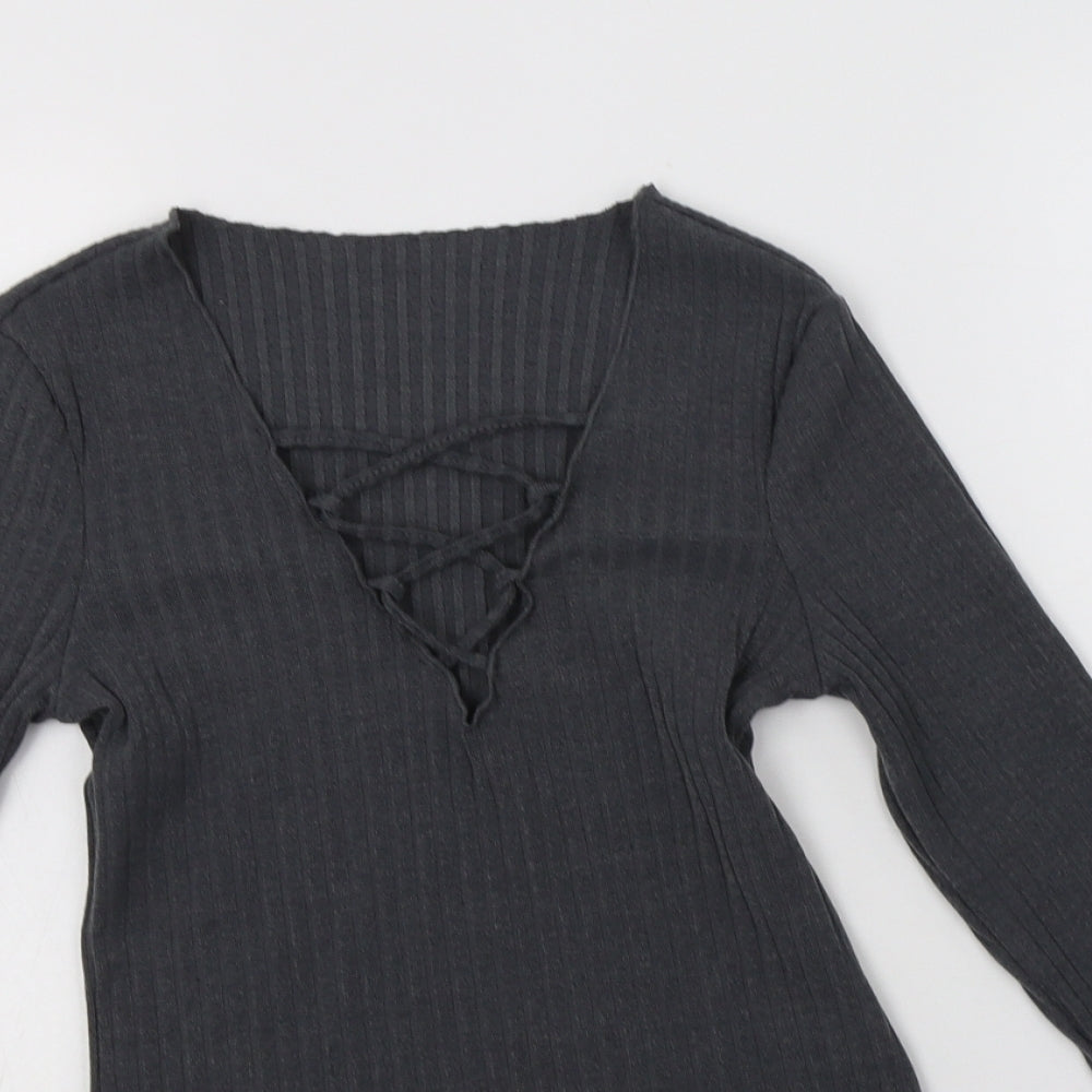 SheIn Womens Grey  Polyester Basic Blouse Size XS V-Neck