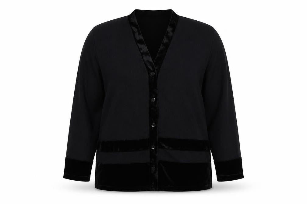 Front view of By Design women’s black v-neck striped polyester cardigan jumper, size L