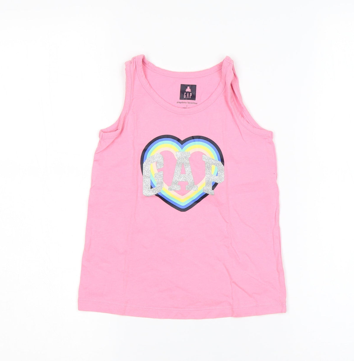 Additional front view of Gap girls’ pink cotton basic tank, size 5, years round neck