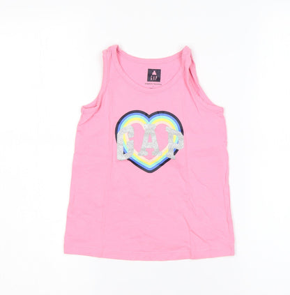 Additional front view of Gap girls’ pink cotton basic tank, size 5, years round neck