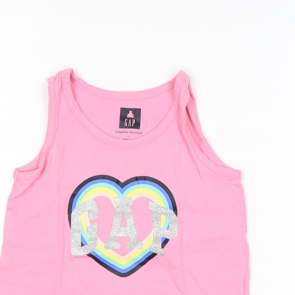 Close-up detail of Gap girls’ pink cotton basic tank, size 5, years round neck