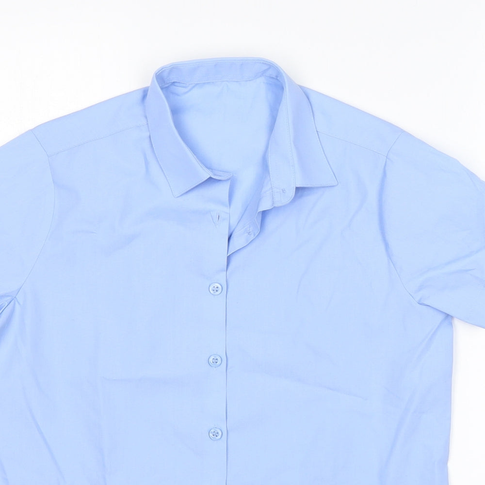 Close-up detail of George boys’ blue polyester basic button-up, size 9-10, years collared