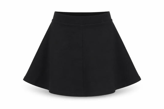 Front view of RR girls’ black viscose skater skirt, size 14, years regular