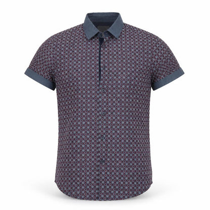 Front view of Twister soul men’s multicoloured geometric cotton button-up, size XS, collared