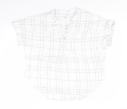 Marks and Spencer Mens White Plaid Flax  T-Shirt Size 14 Round Neck